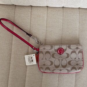 Coach Tan and Red Signature Wristlet